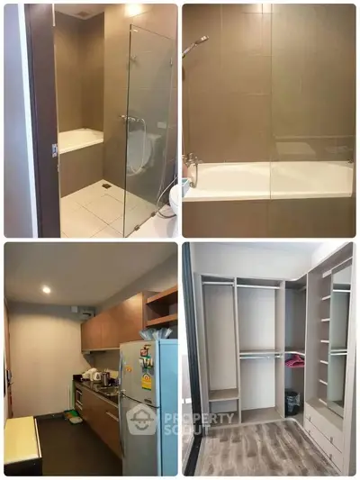 Modern apartment with sleek bathroom, compact kitchen, and spacious walk-in closet.