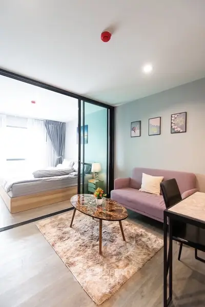 Modern studio apartment with cozy living area and stylish bedroom