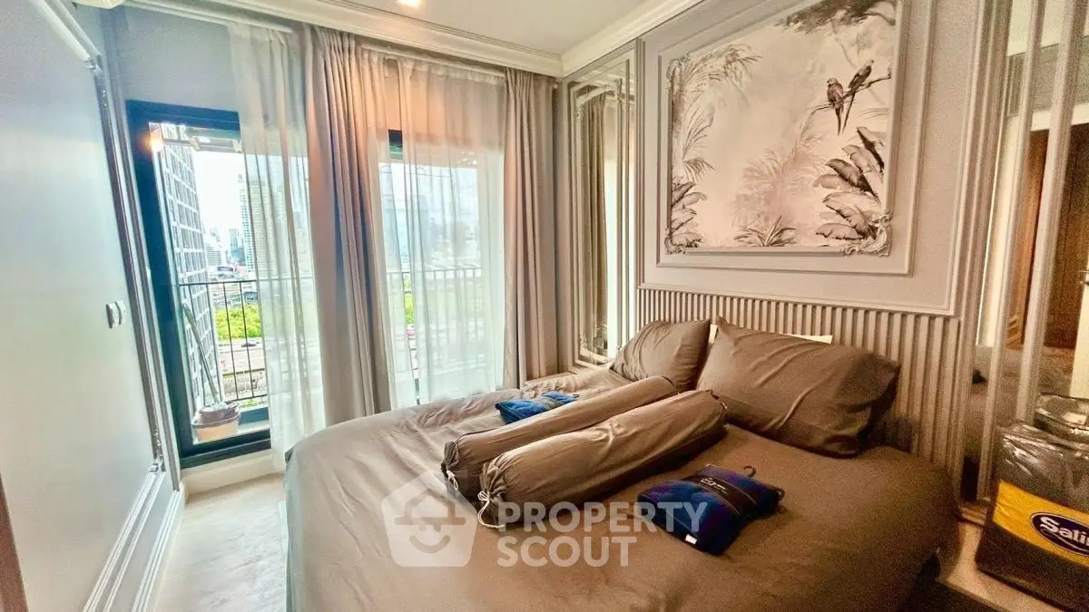 Luxurious bedroom with elegant decor and city view