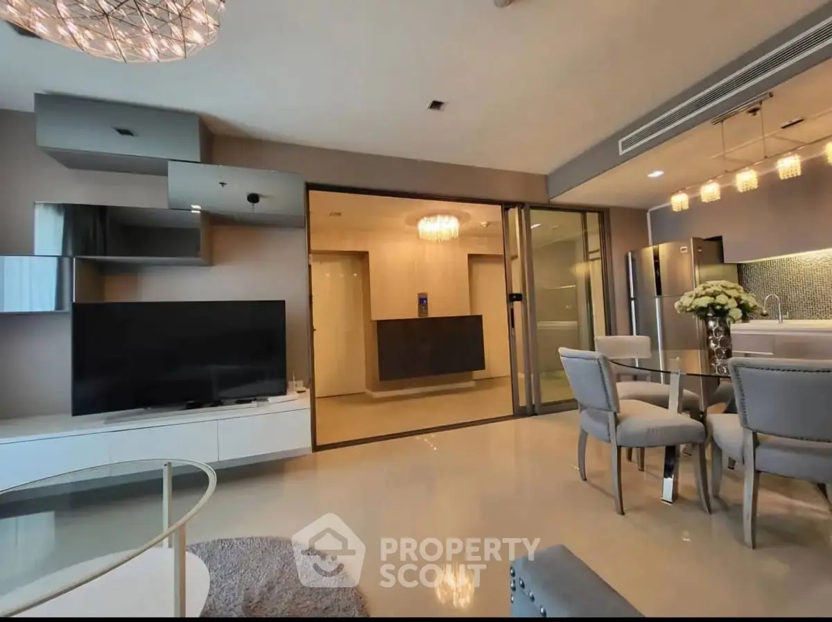 Luxurious modern living room with elegant dining area and stylish decor.