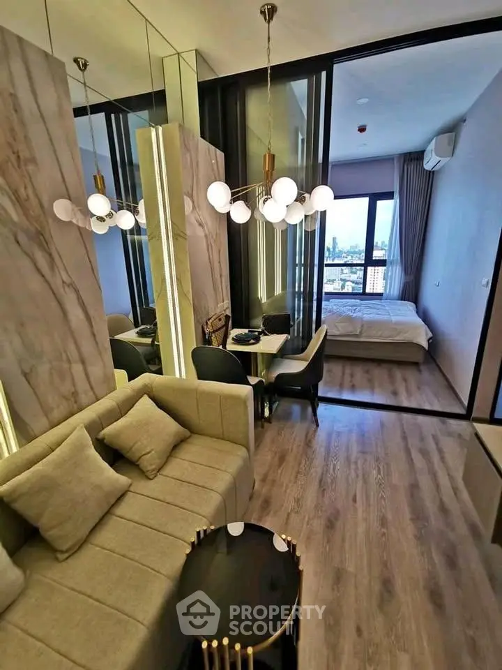 Modern apartment interior with stylish living room and cozy bedroom view