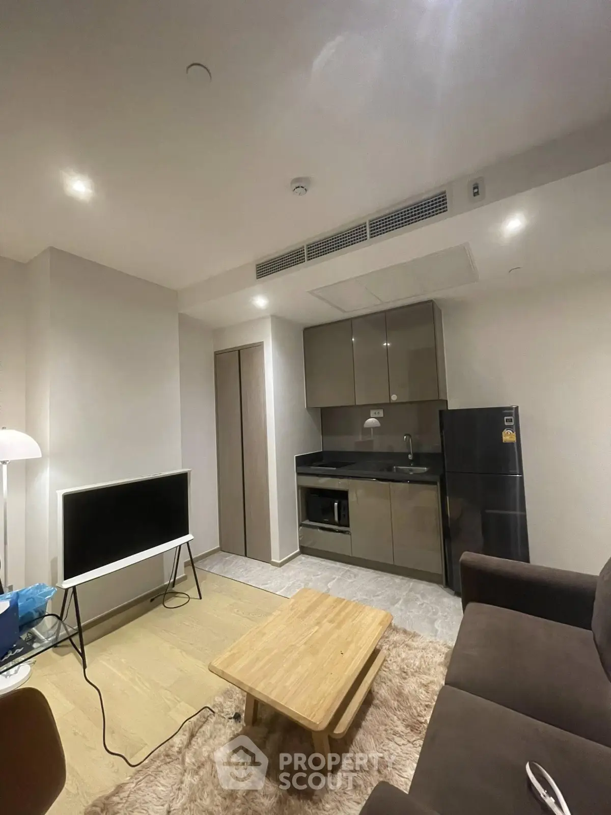 Modern living room with sleek kitchen, cozy sofa, and stylish TV setup in a contemporary apartment.