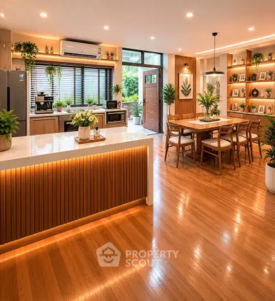 Spacious modern kitchen and dining area with wooden flooring and stylish decor