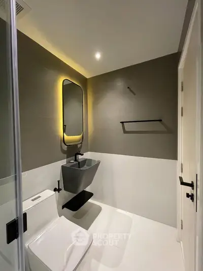 Modern minimalist bathroom with sleek fixtures and ambient lighting