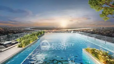 Stunning rooftop infinity pool with breathtaking city skyline view at sunset.