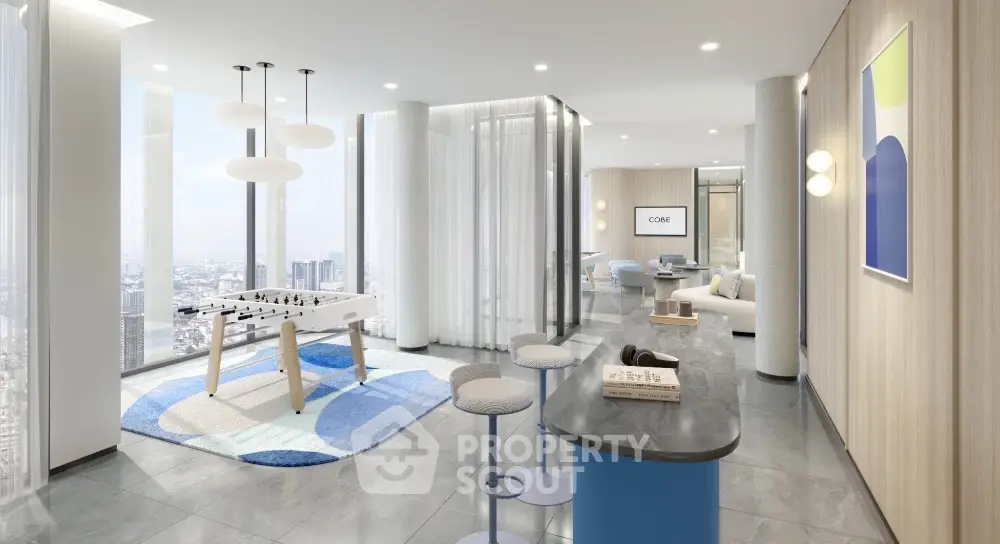 Luxurious modern living room with panoramic city views and stylish interior design.