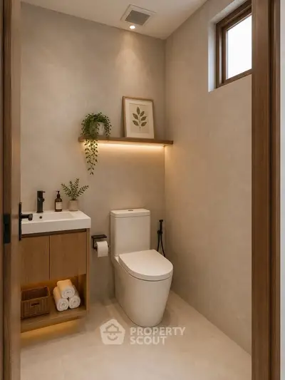 Modern bathroom with elegant fixtures and warm lighting, featuring a sleek toilet and stylish decor.
