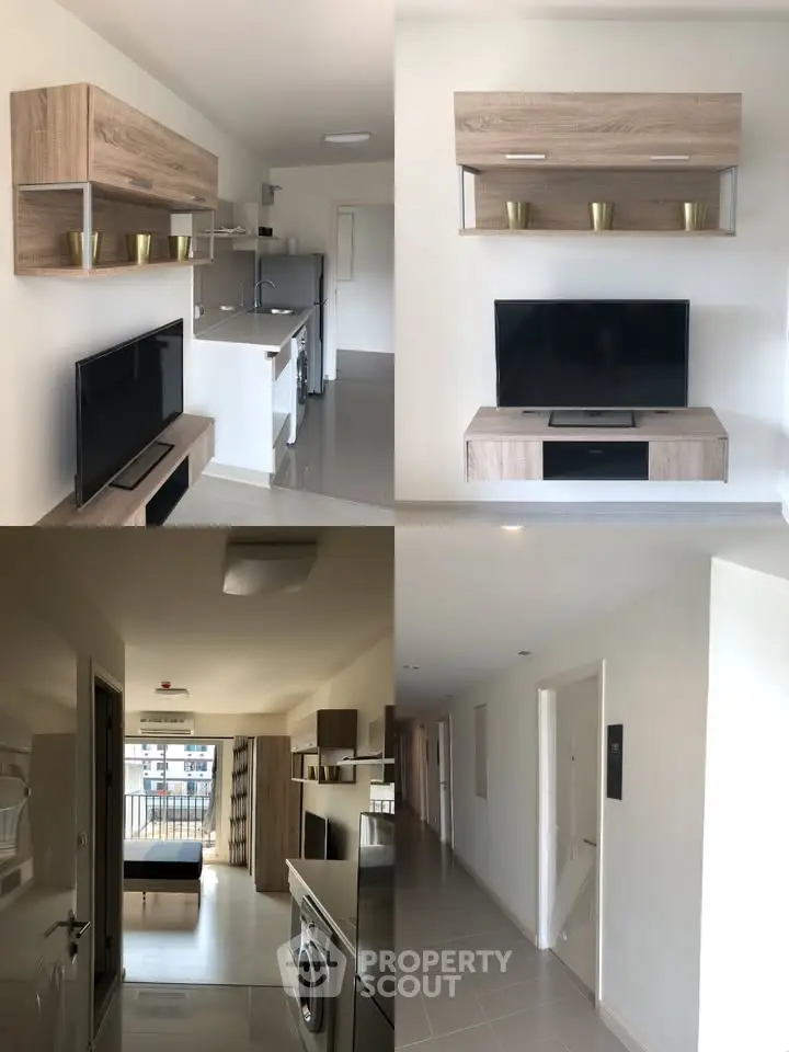 Modern apartment interior with open kitchen, living room, and hallway featuring sleek design and natural light.