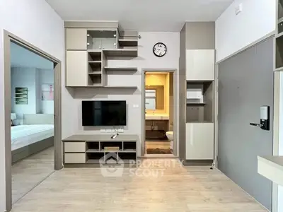 Modern apartment interior with sleek storage and open layout