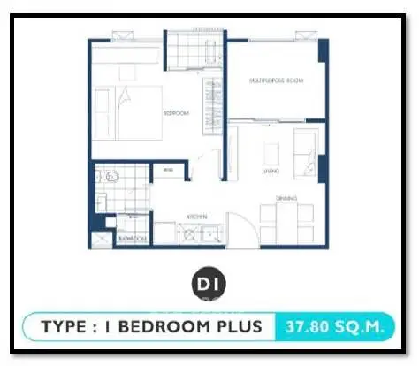 Modern 1-bedroom plus apartment floor plan with multifunction room, 37.80 sqm layout.