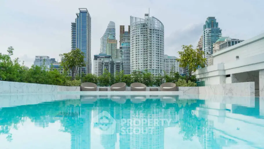 Luxurious rooftop pool with stunning city skyline view, perfect for relaxation and urban living.