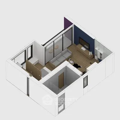 Modern apartment digital render showcasing open living space with sleek design.