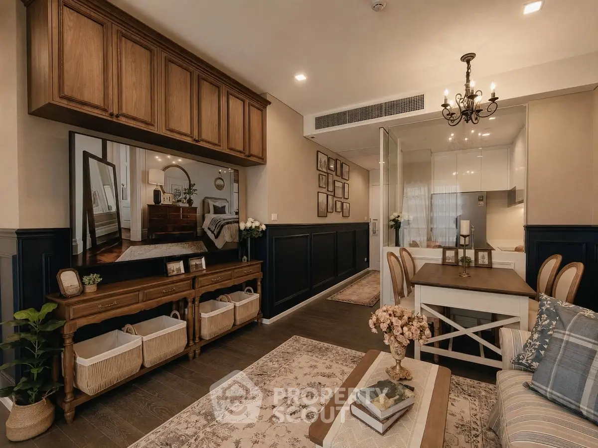 Elegant living and dining area with classic decor and warm lighting