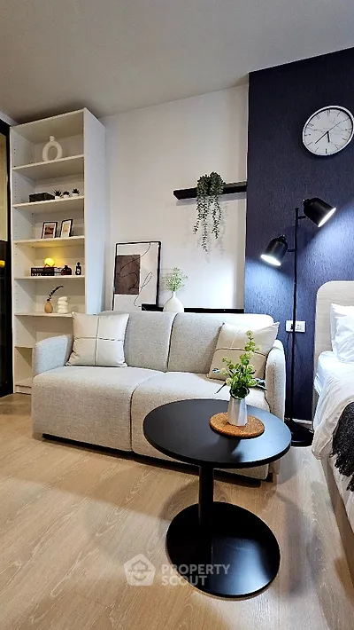 Modern living room with stylish decor and cozy seating area