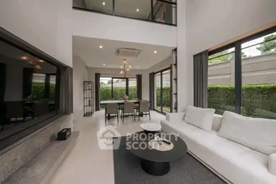 Luxurious modern living room with high ceilings and elegant decor, perfect for sophisticated living.