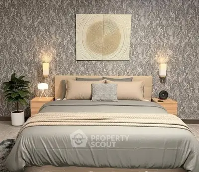 Elegant bedroom with modern decor and stylish wallpaper, featuring a cozy bed and ambient lighting.