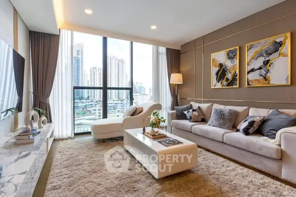 Luxurious modern living room with city view, elegant decor, and plush furnishings.