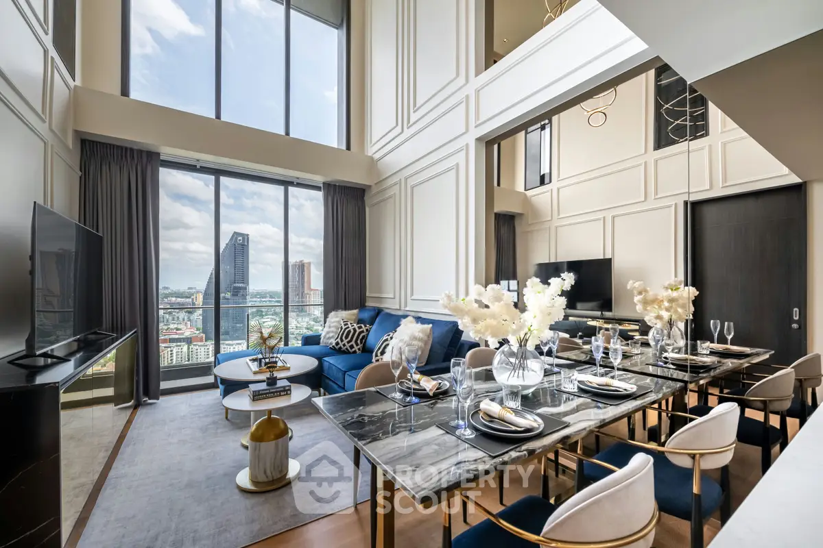 Luxurious high-ceiling living room with panoramic city view and elegant dining area.
