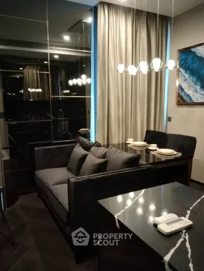 Luxurious modern living room with elegant dining area and stylish lighting