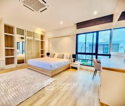 Spacious modern bedroom with large windows and elegant decor
