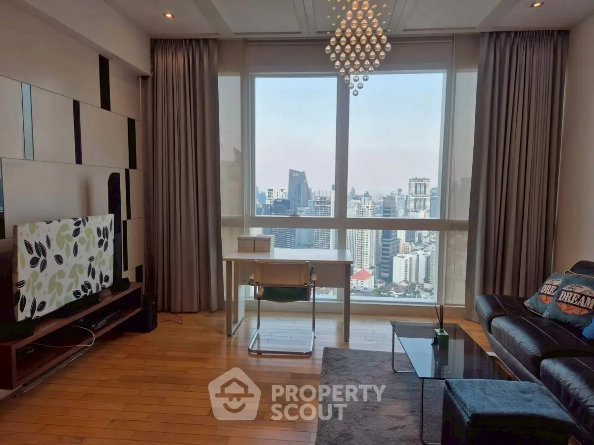 Modern living room with city view, stylish decor, and elegant lighting