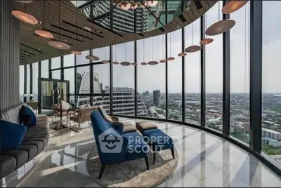 Luxurious high-rise living room with panoramic city views and modern decor.