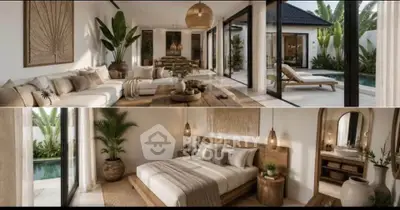 Luxurious open-plan living room and bedroom with pool view in modern villa