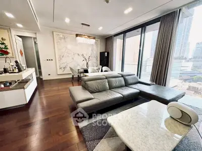 Luxurious modern living room with sleek leather sofa and city view, perfect for urban living.