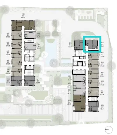 Detailed schematic plan of a modern residential complex with highlighted unit and landscaped surroundings.