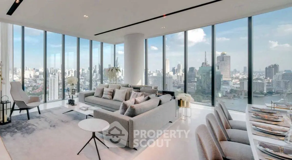 Luxurious modern living room with panoramic city views and elegant dining area.