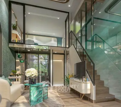 Luxurious modern living room with mezzanine, stylish decor, and large windows for natural light.