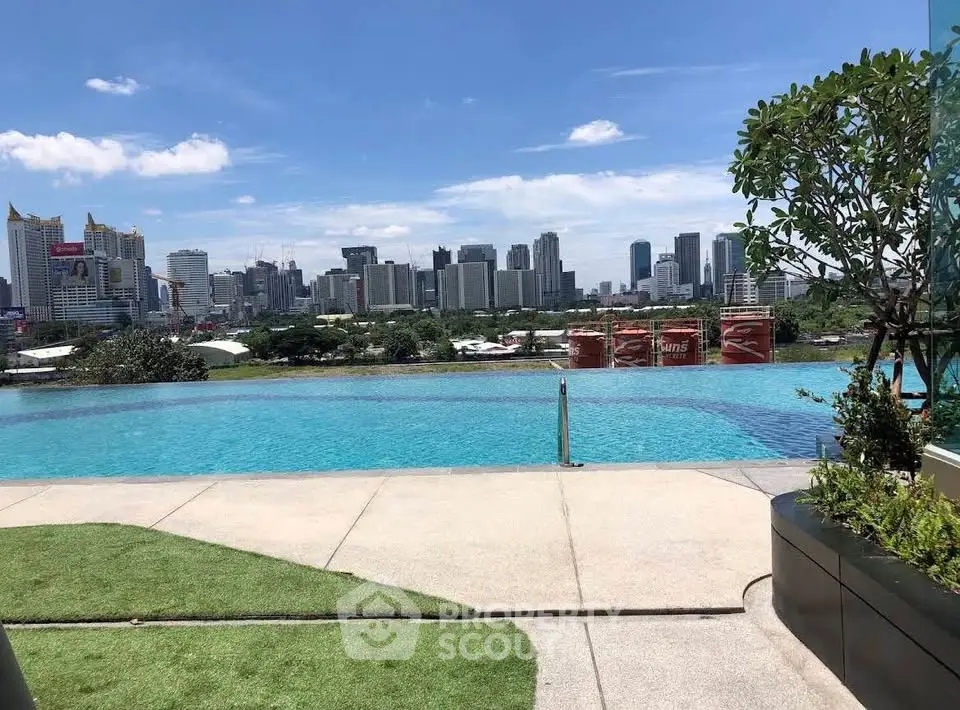 Luxurious rooftop pool with stunning city skyline view, perfect for urban living.