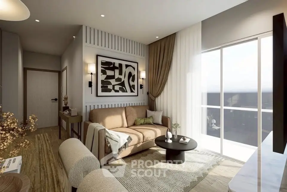 Modern living room with stylish decor and large window for natural light.