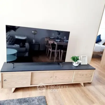 Modern living room with sleek TV stand and stylish decor