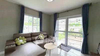 Charming living room with modern sofa and large windows, perfect for natural light lovers.