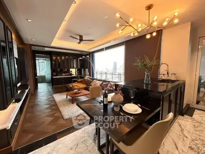 Luxurious open-plan living room with modern kitchen and stunning city view
