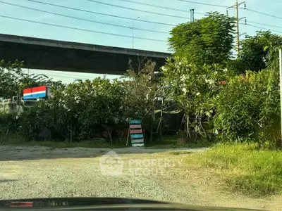 Charming garden area under highway with lush greenery and rustic sign, perfect for urban retreat.