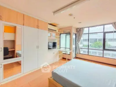 Bright and spacious bedroom with large windows and modern furnishings