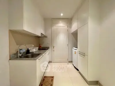 Modern kitchen with sleek white cabinets and integrated appliances in a cozy apartment.
