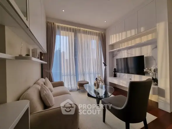 Elegant living room with modern decor and large window view