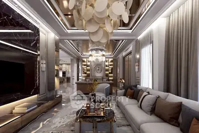 Luxurious modern living room with elegant decor and sophisticated lighting