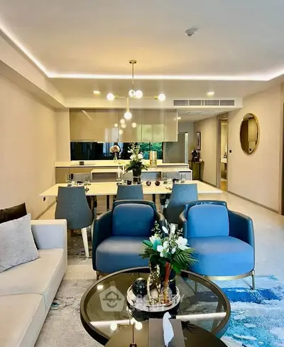 Luxurious modern living room with elegant dining area and stylish decor