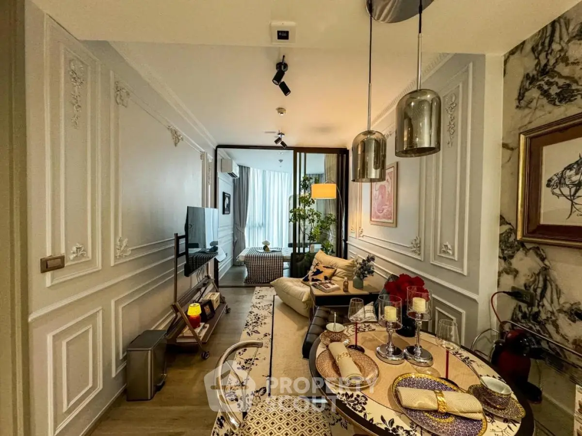 Luxurious living room with elegant dining setup and stylish decor