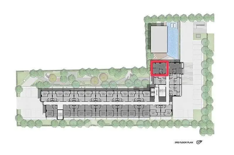 Modern apartment complex floor plan with pool and landscaped garden.