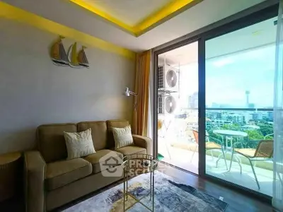 Modern living room with balcony view in high-rise apartment