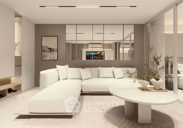 Luxurious modern living room with elegant white sectional sofa and stylish decor