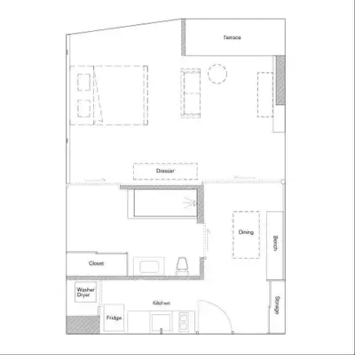 Modern apartment floor plan with terrace, kitchen, dining, and living areas.