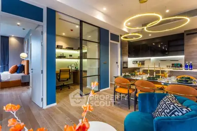 Luxurious modern apartment interior with open layout, stylish dining area, and cozy bedroom.