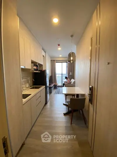 Modern apartment interior with open kitchen and cozy living area