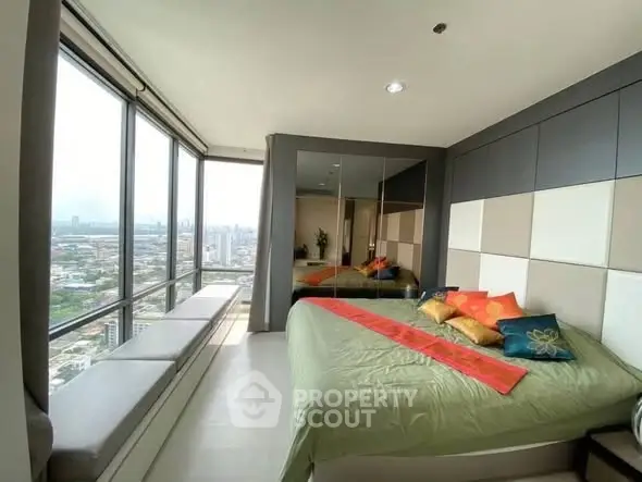Luxurious bedroom with panoramic city view and modern decor